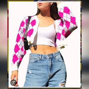 Collusion Pink and White Argyle Cropped Cardigan